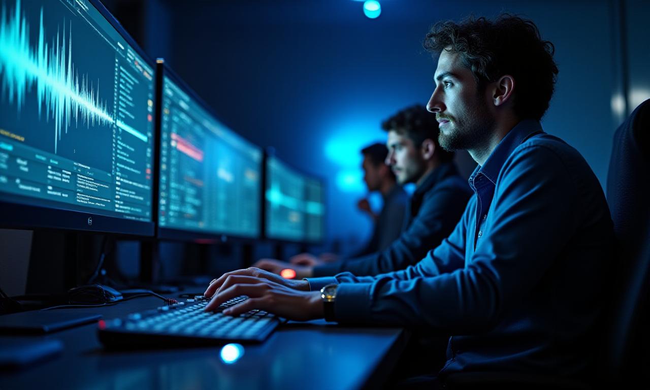 Music technology engineers working in a high-tech studio environment